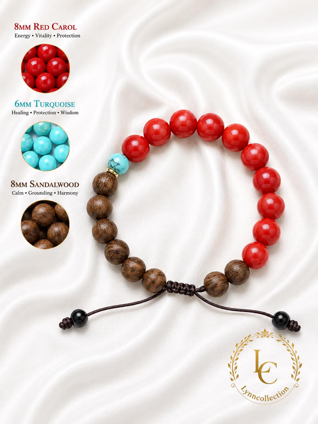 Beaded Bracelet for Him & Her, 8mm sandalwood, 8mm red coral, 6mm turquoise, Adjustable Knotted cord