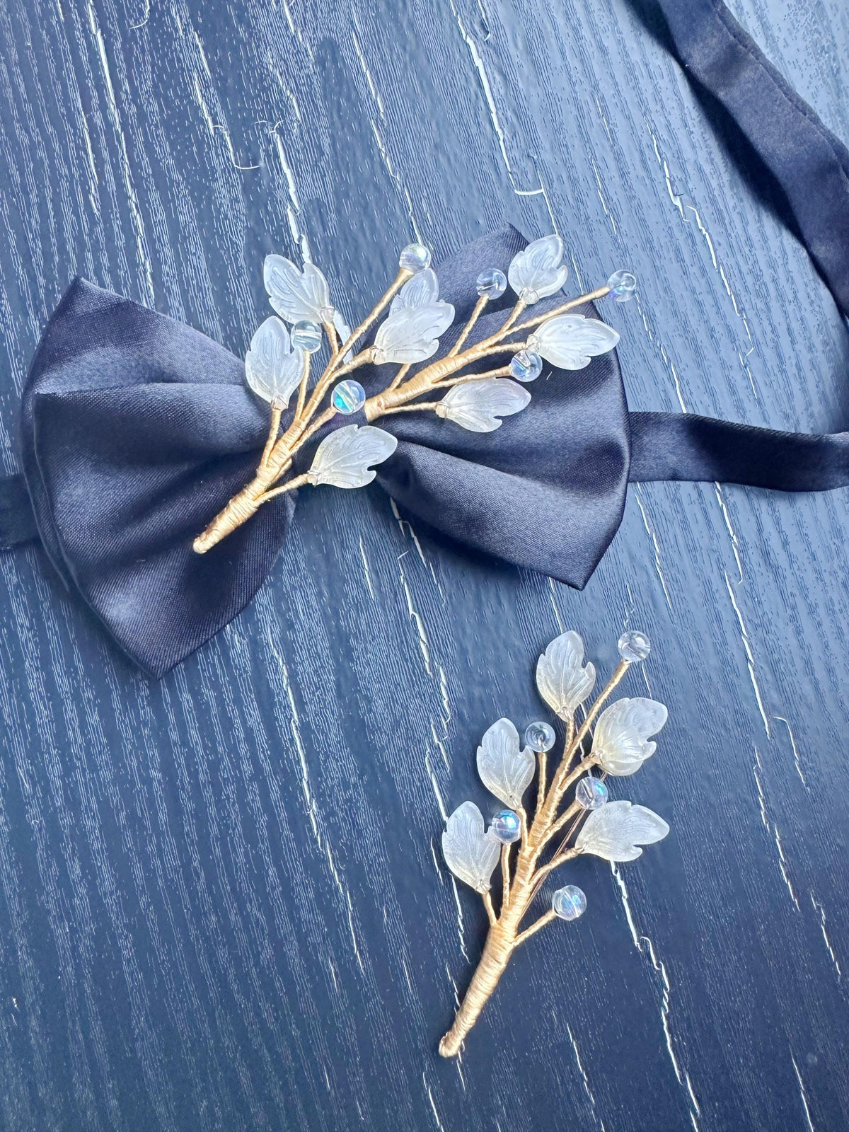 Handmade Bow Tie and brooch set for Women, Men,Boys – Black Satin Bow Tie flowers Blossom Branch – Asian Inspired Wedding Formal Accessory