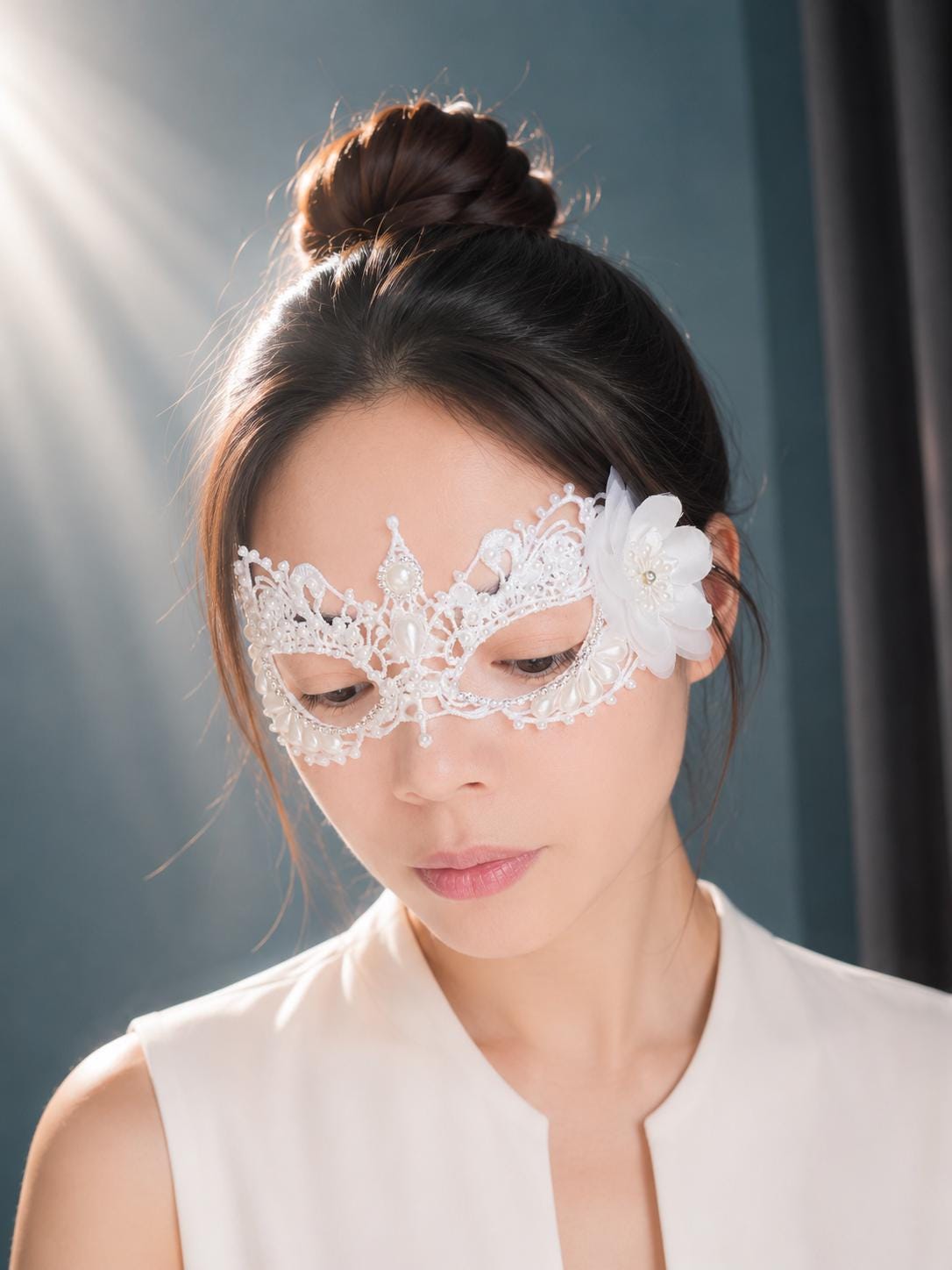 White Lace Masquerade Mask with Resin Beads, Rhinestones, and silk flower
