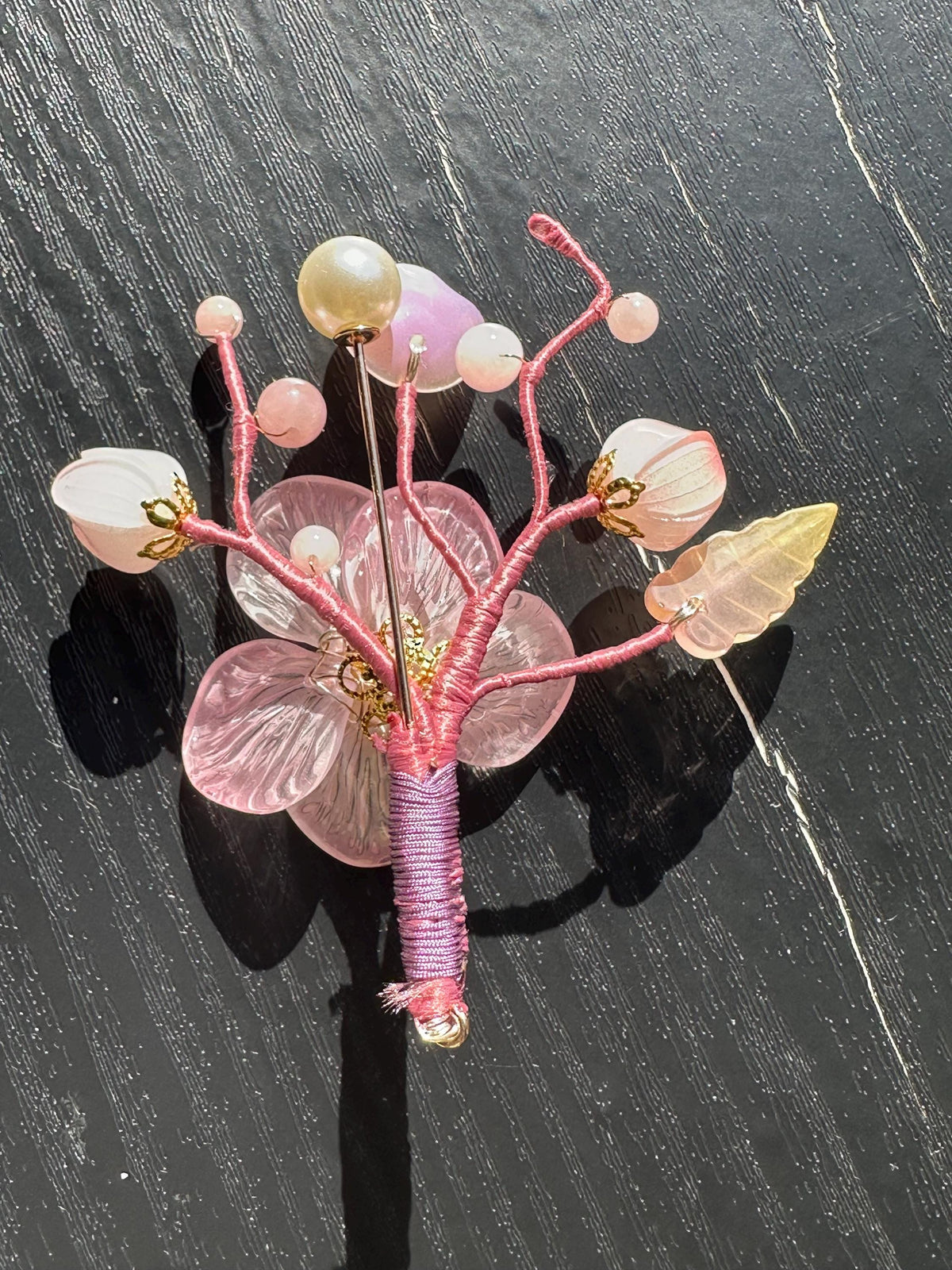 Handmade  brooch, pink color acrylic beads and gemstone beads with silk thread
