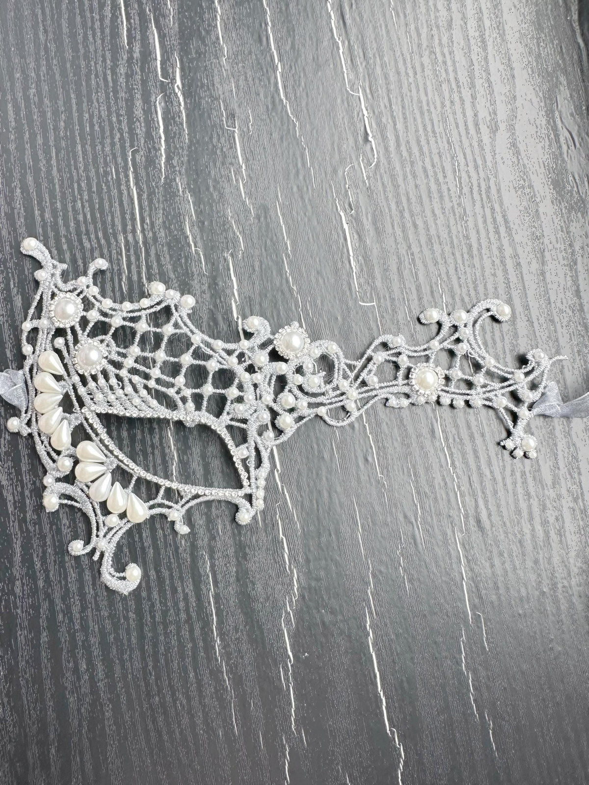 Gray Lace Masquerade Mask, Rhinestones & Pearls