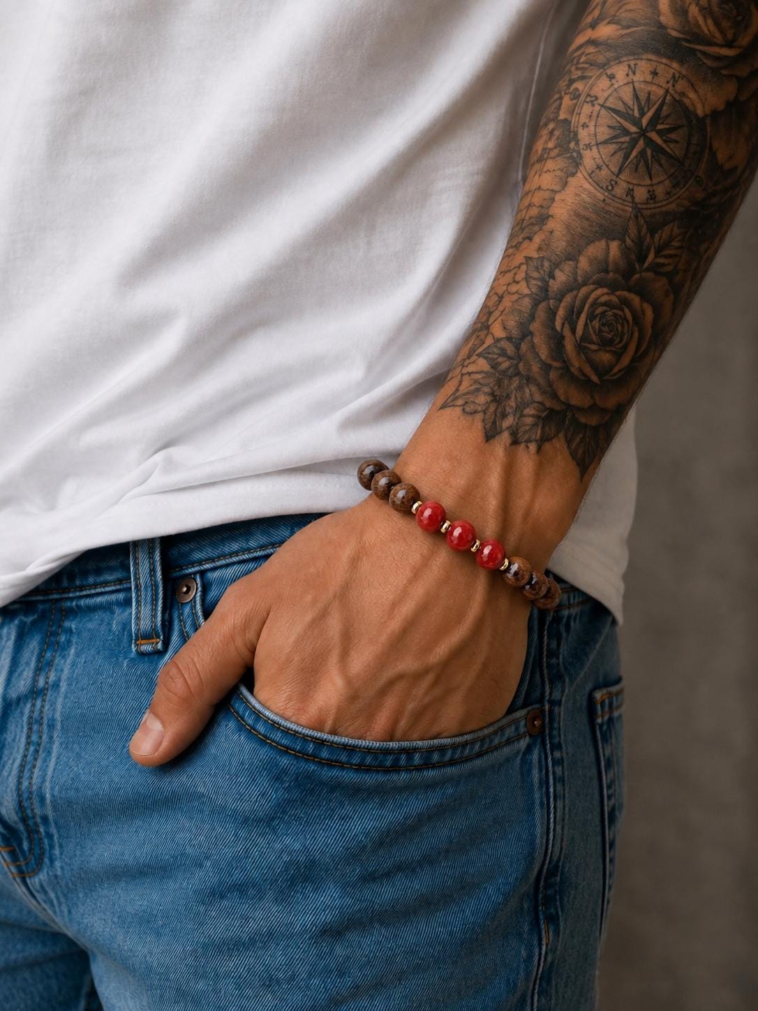 Bracelet for HIM AND HER, Made it with 8mm Sandalwoods and 8mm Red Coral, Adjustable knotted cord