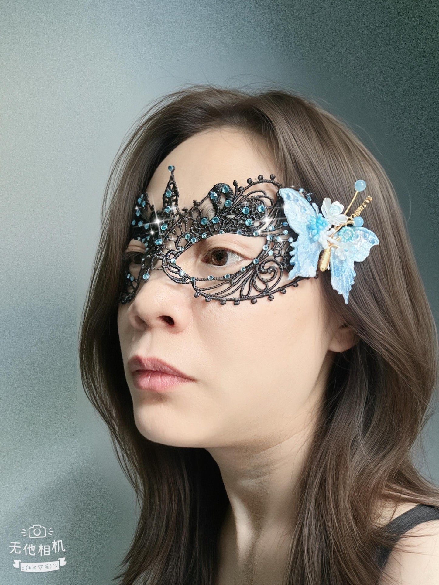One of a Kind Blue Butterfly Mask, Handmade Black Lace Masquerade Mask, Venetian Eye Mask with Blue color Rhinestones