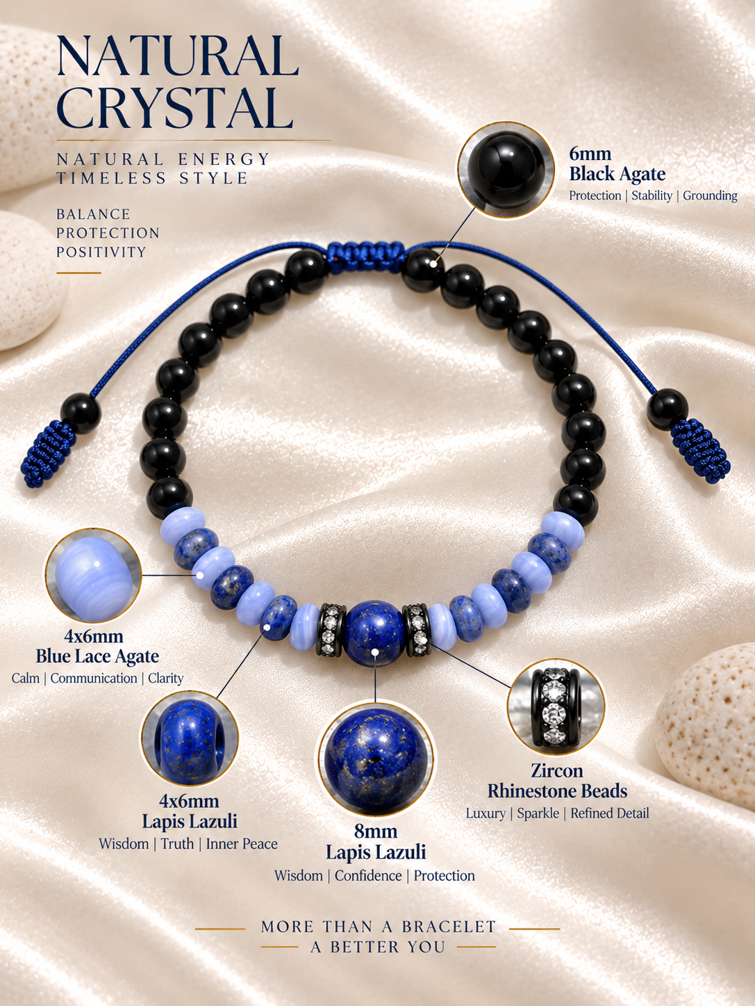 Handmade Bracelet for HIM OR HER. Made with black agate, lapis lazuli, blue lace agate. Zircon Rhinestone Beads, Adjustable knotted Cord