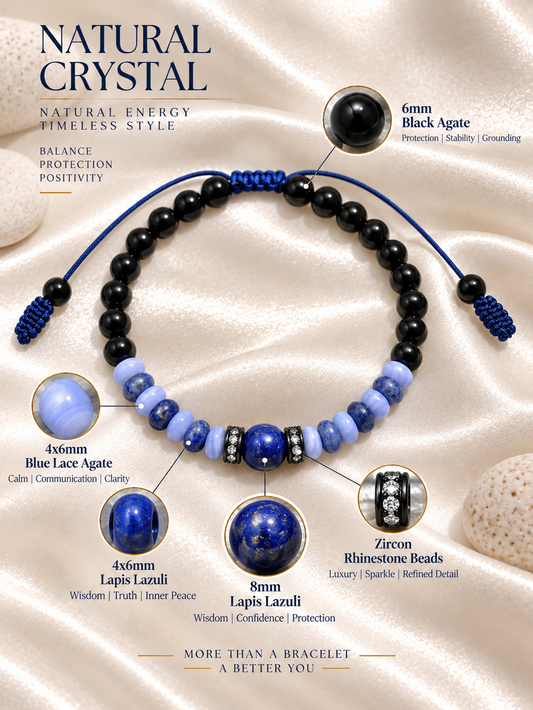 Handmade Bracelet for HIM OR HER. Made with black agate, lapis lazuli, blue lace agate. Zircon Rhinestone Beads, Adjustable knotted Cord