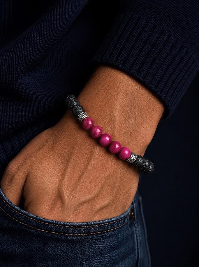 Gemstone Bracelet For Him And her: Lava stone, rose tiger eye, and tibetan Silver spacer beads.