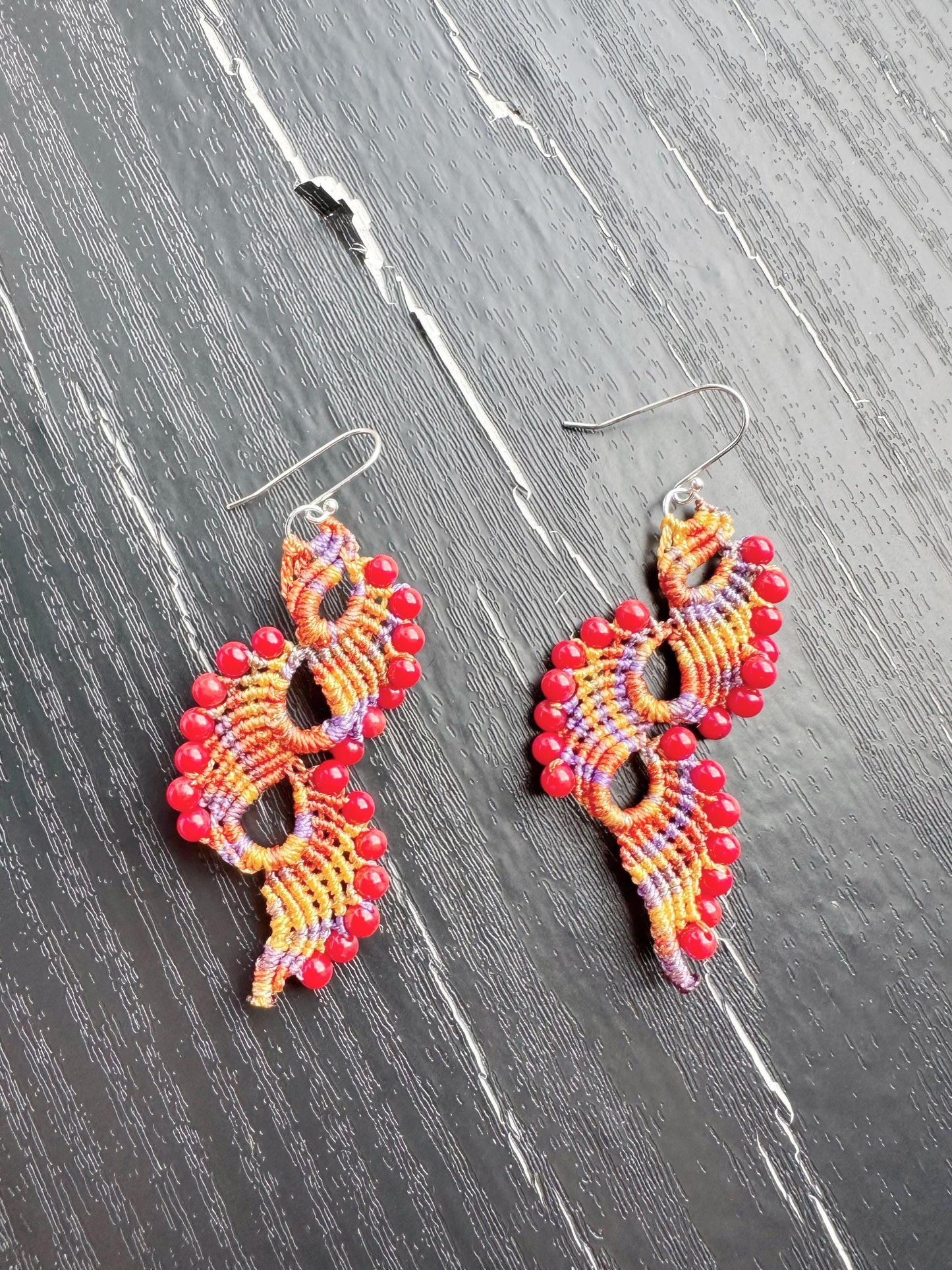 Handmade  Macrame Earrings peacock tail with coral beads and 925 sterling silver hooks