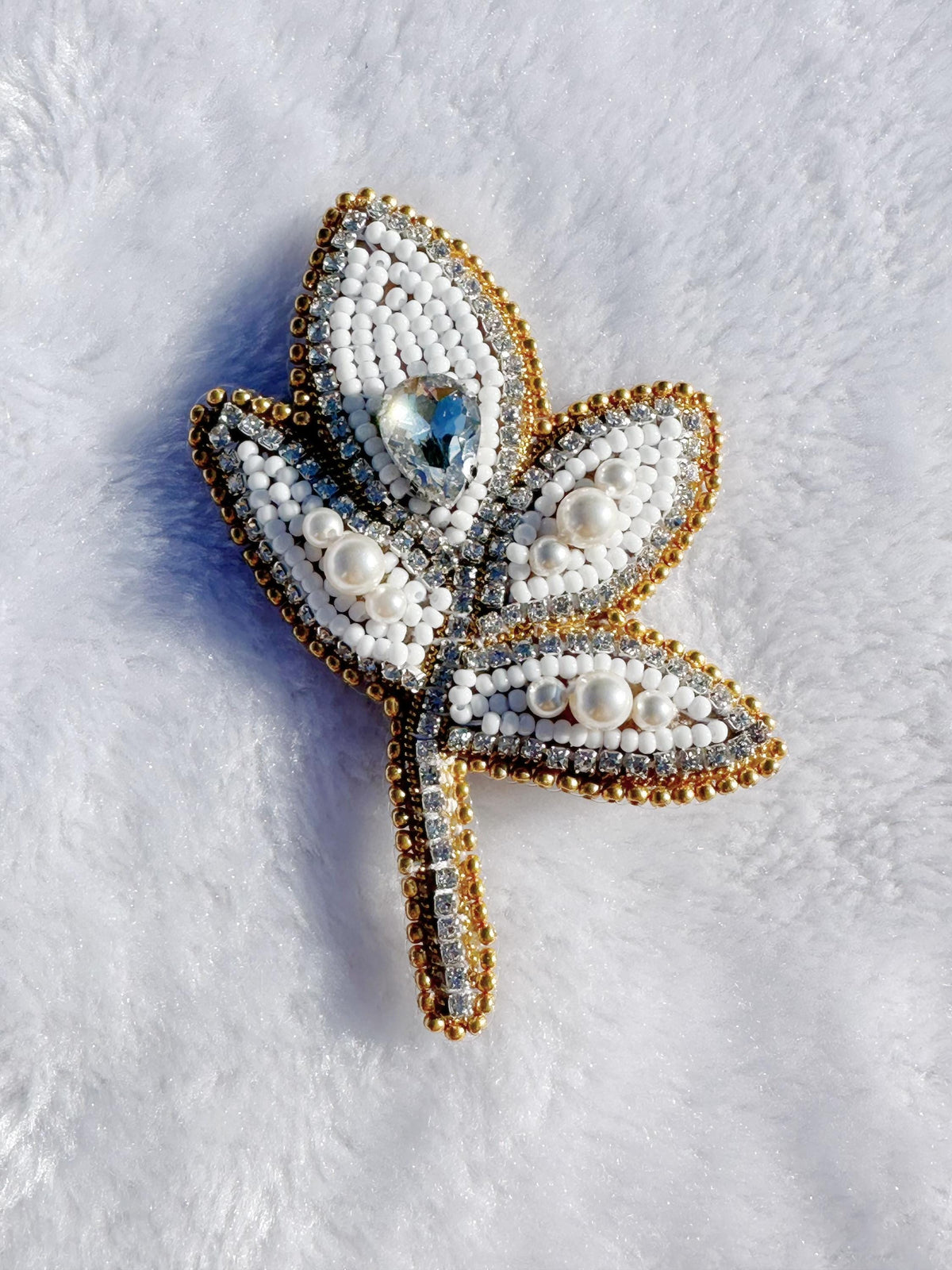 Beaded brooch, with white color seed beads, Swarovski pearls and rhinestones brooch, size 3.5”x 2”