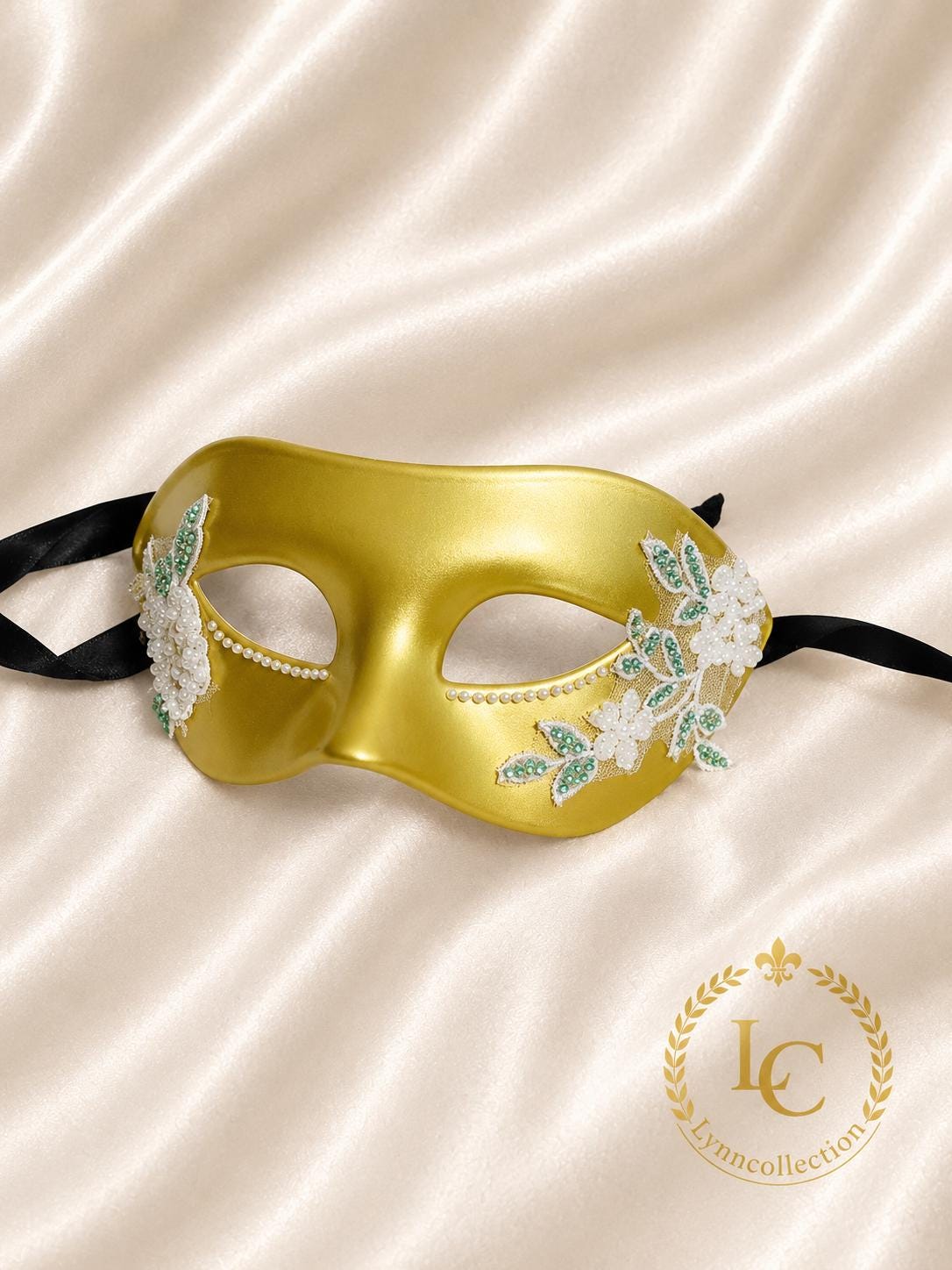 Gold Masquerade Mask with White Lace: Venetian Style Ball Mask