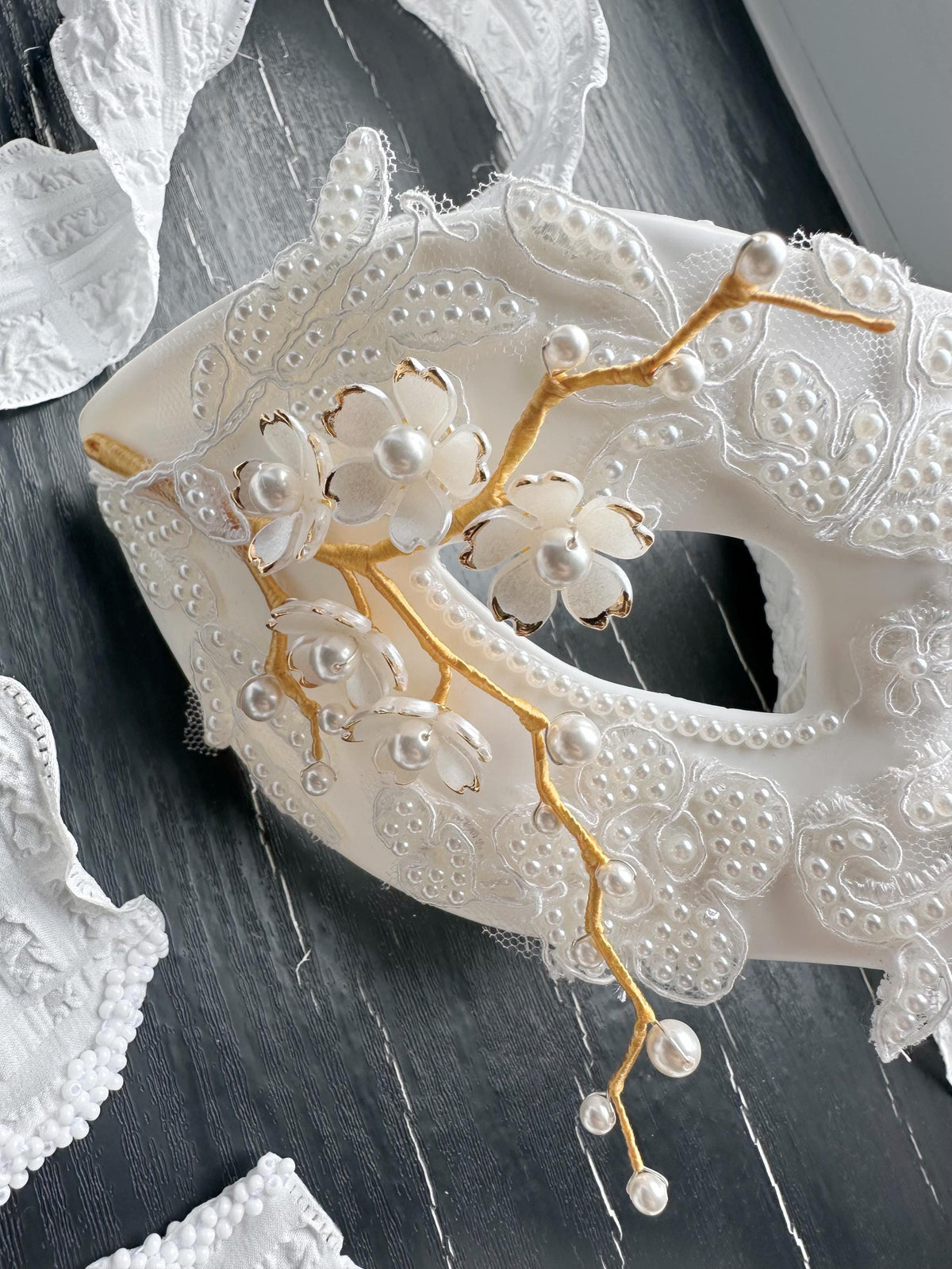 White Venetian Mask,size: (3.15"x7") Handmade White Venetian Mask – Pearl Floral Masquerade Mask, Elegant Costume Mask, Fairy-core, Party
