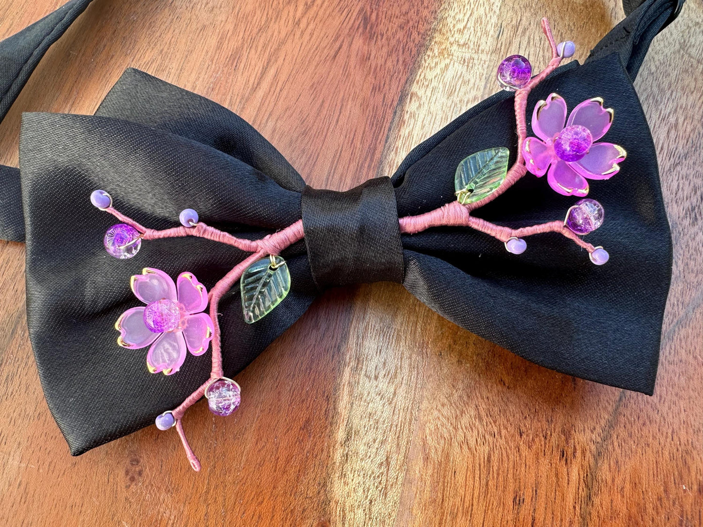 Handmade Bow Tie for women Men,Boys – Black Satin Bow Tie with Pink Cherry Blossom Branch – Asian Inspired Wedding Formal Accessory