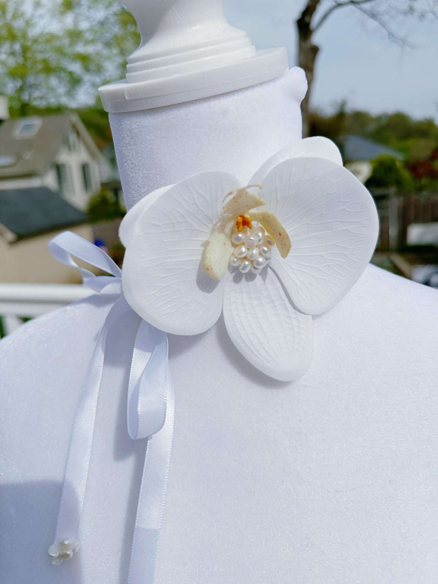 Handmade Ivory Orchid Choker: Gold Beads, Freshwater Pearl Ribbon