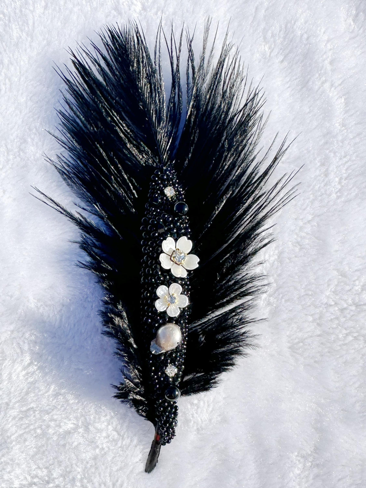 Handmade brooch, beaded and Ostrich feather brooch, size 7”x3”