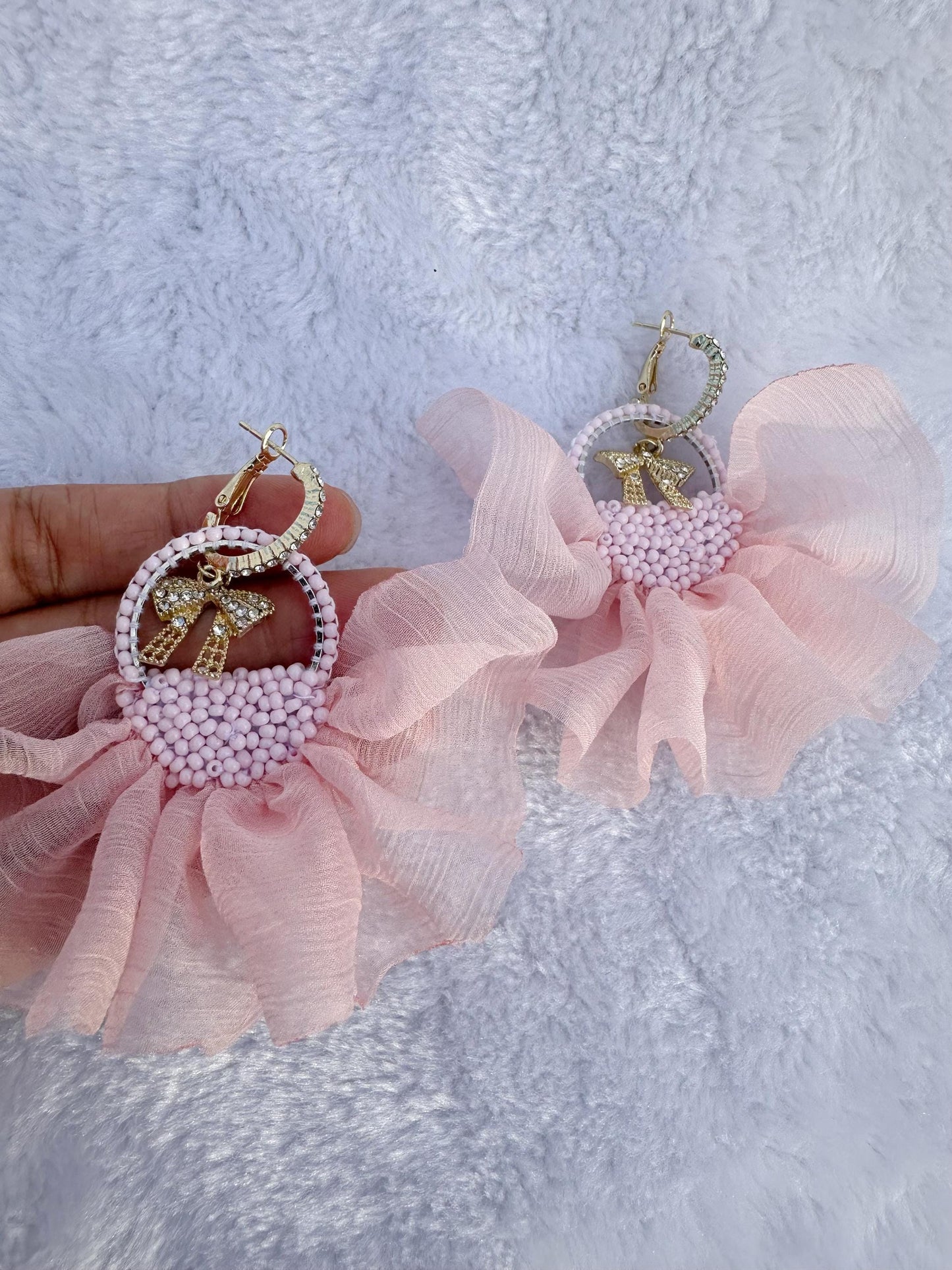 Gold Plated Dangle Earrings: Pink Crinkle Chiffon Ribbon, Glass Bead