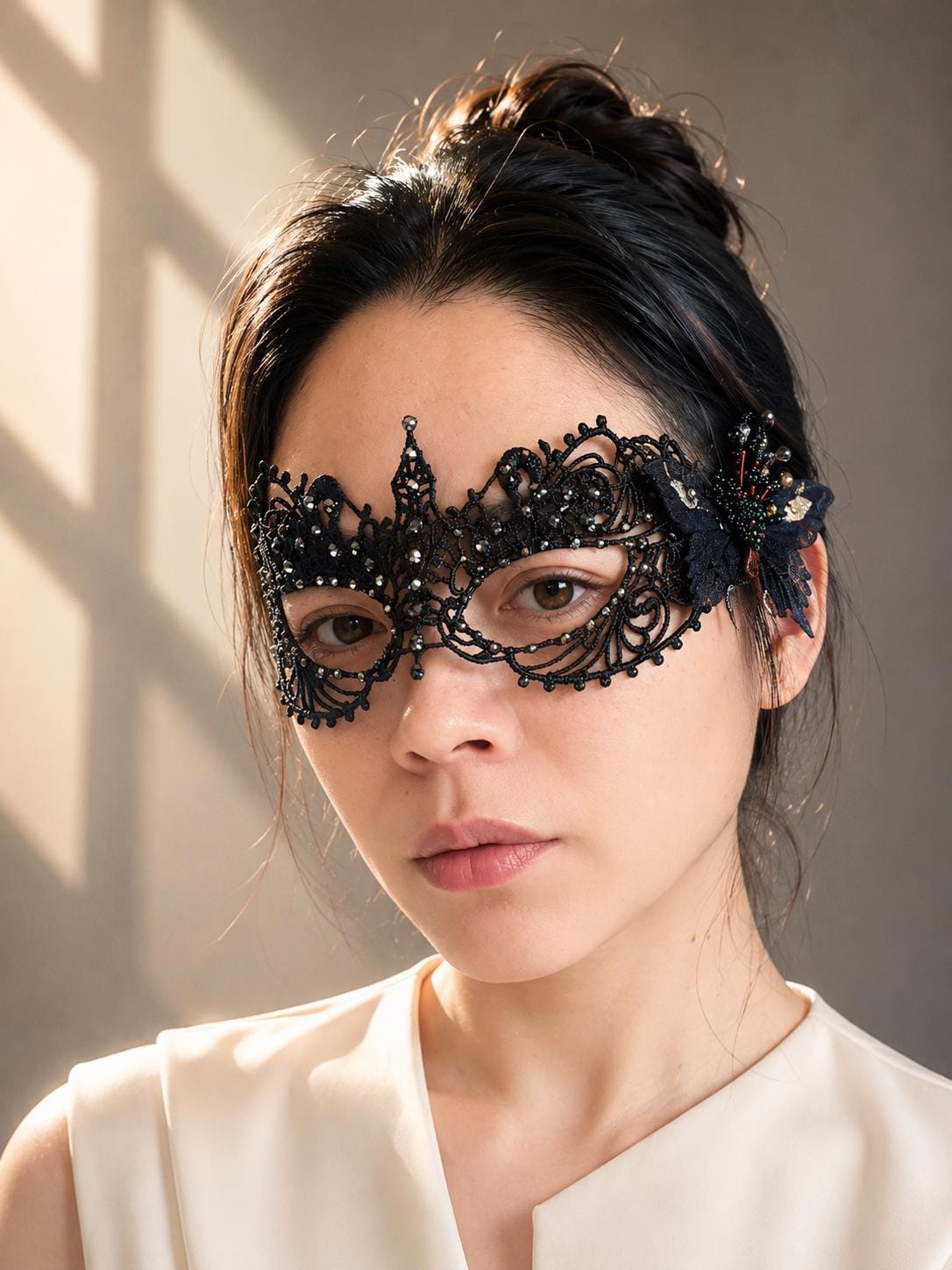 One of a Kind Black Color Butterfly Mask, Handmade Black Lace Masquerade Mask, Venetian Eye Mask with Crystal Rhinestones