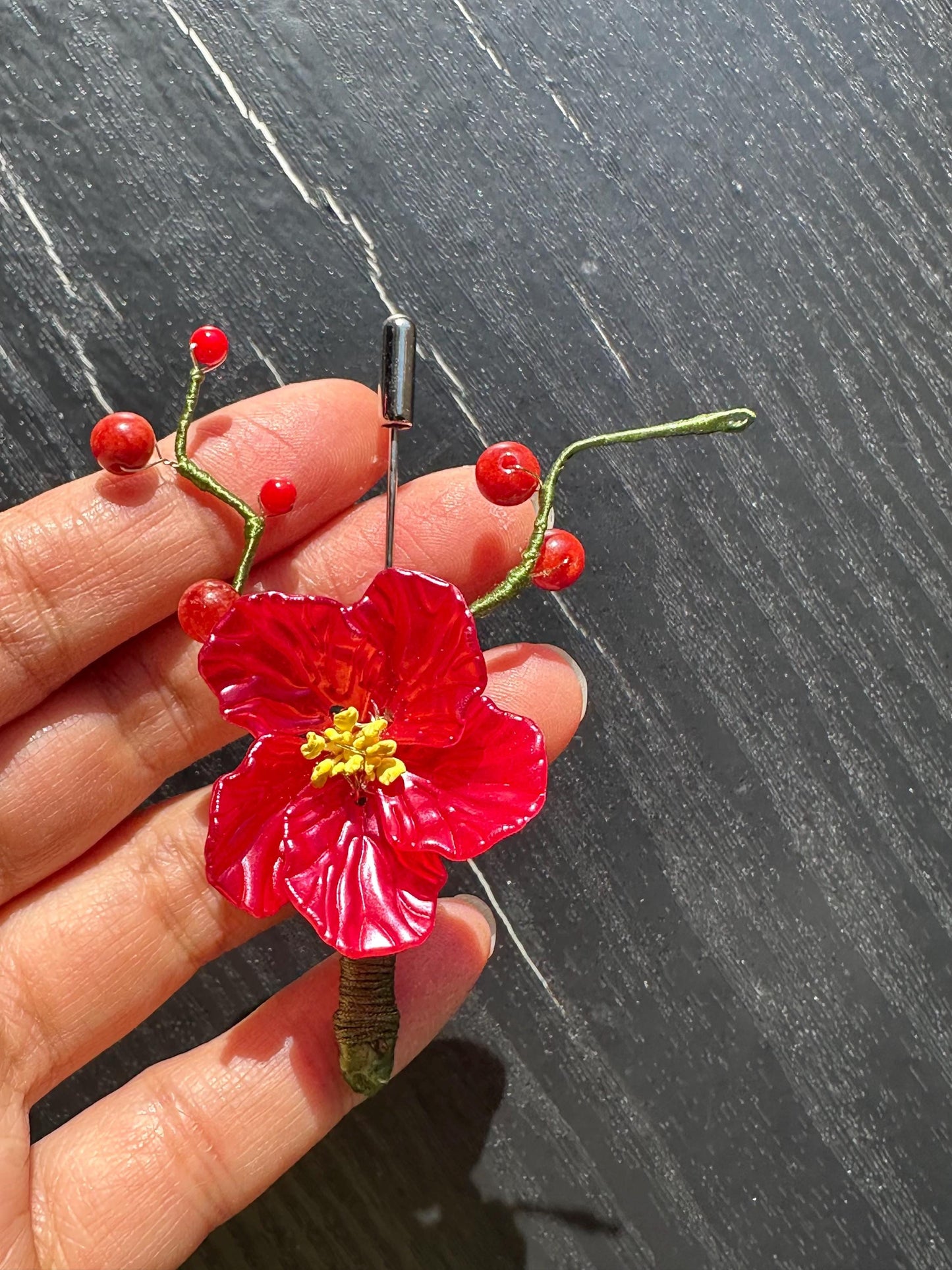 Handmade  brooch, Red color acrylic beads and gemstone coral with silk thread
