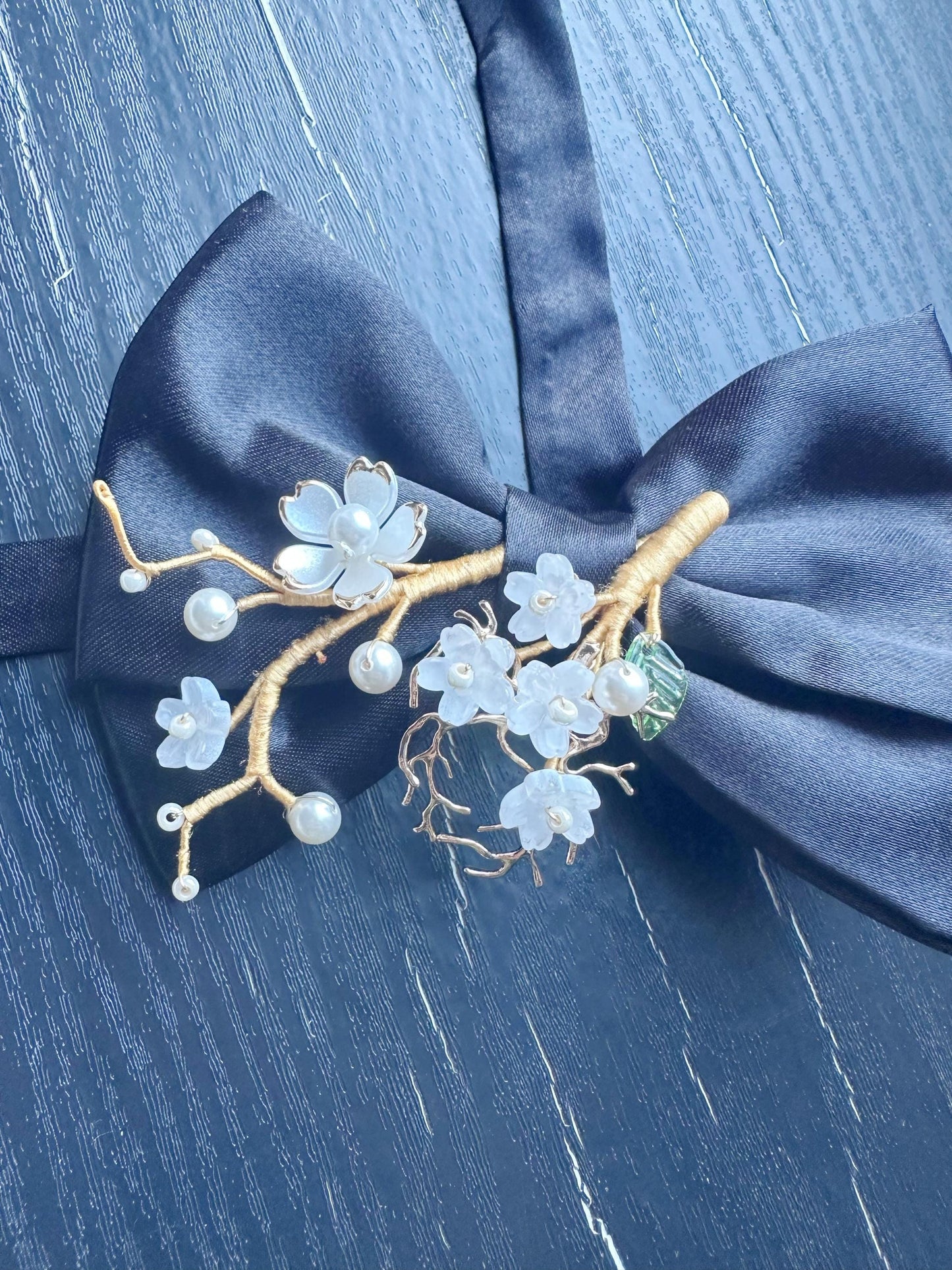 Handmade Bow Tie for women Men,Boys – Black Satin Bow Tie with white color Cherry Blossom Branch – Asian Inspired Wedding Formal Accessory