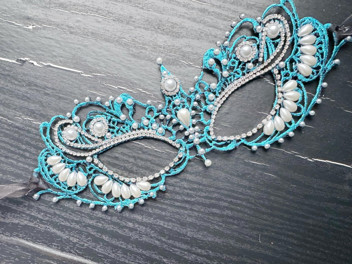 Blue color Lace Masquerade Mask, Embroidered Party Mask with white Resin beads and rhinestone, Halloween party mask