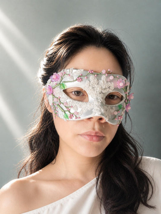 Gray color Venetian Mask,size: (3.15"x7") Handmade White lace and purple  Floral Masquerade Mask, Elegant Costume Mask, Fairy-core, Party