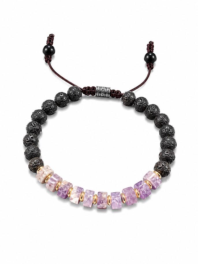 Lava Stone Beaded Bracelet for Men OR Women – Lavender Amethyst, Lava Stone , 14k gold plated space   -Adjustable