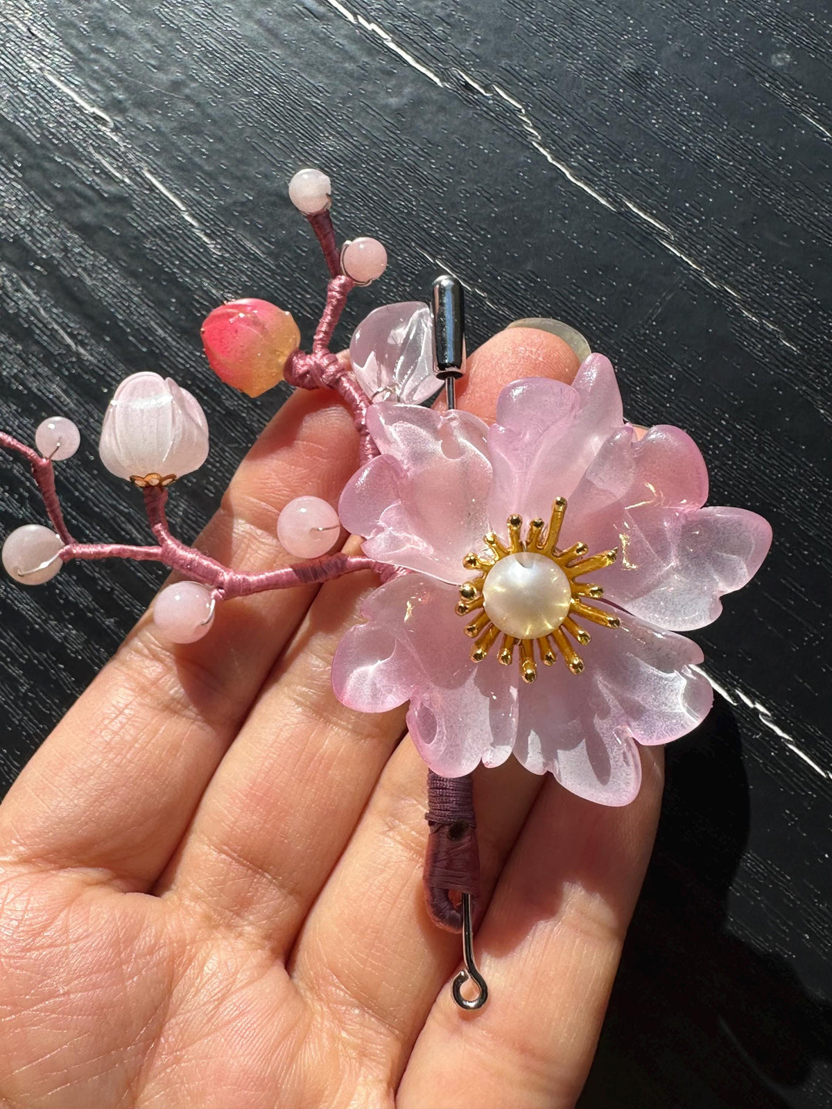 Handmade  brooch, pink color acrylic beads and gemstone beads with silk thread