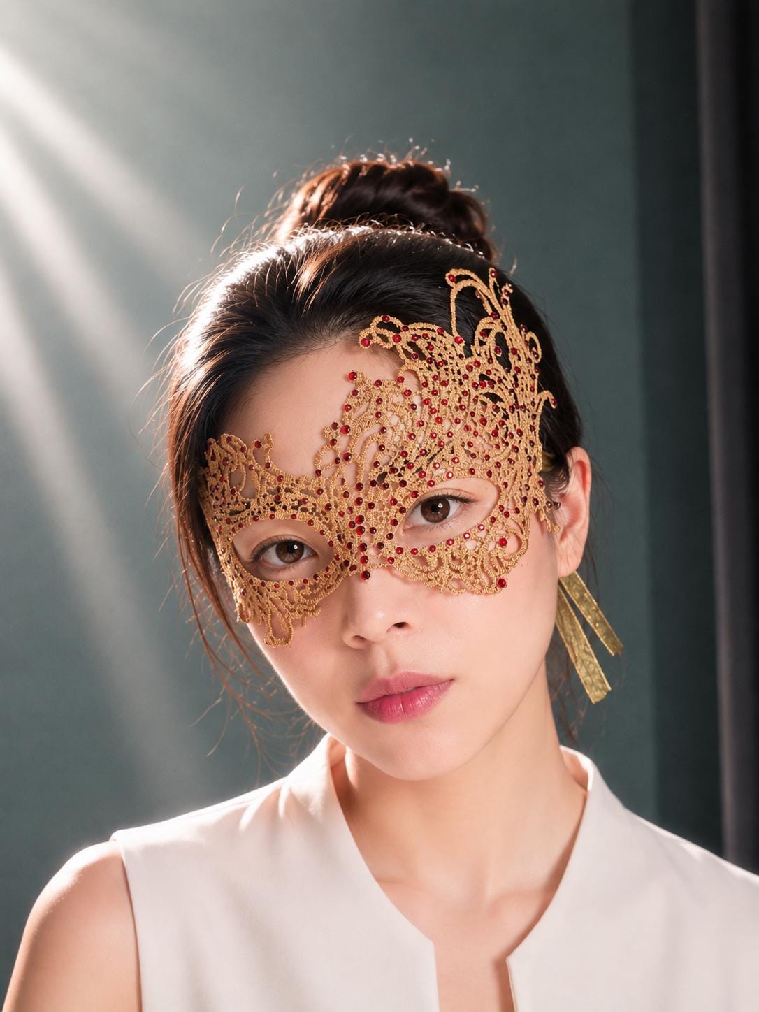 Lace Masquerade Mask: Red Rhinestones, Embroidery, Elastic Ribbon