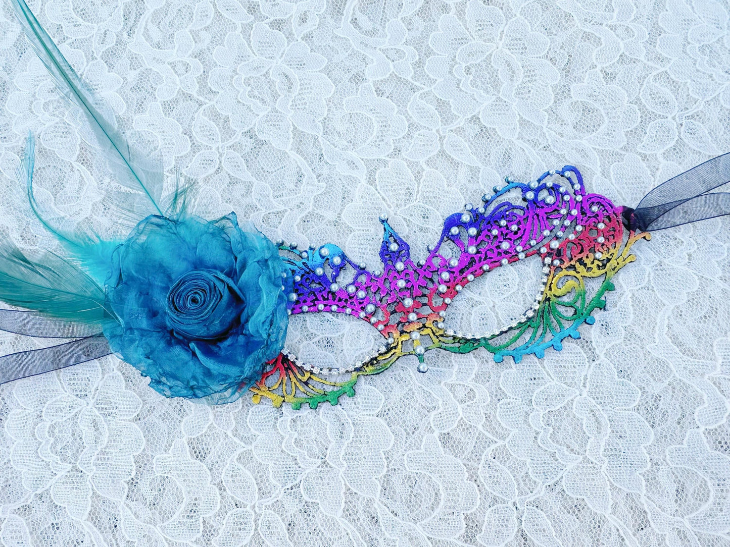 Rainbow color Masquerade Mask with silk flower and white color Resin Pearls , Women's Masquerade Mask, Masquerade Ball Masks, Lace Mask