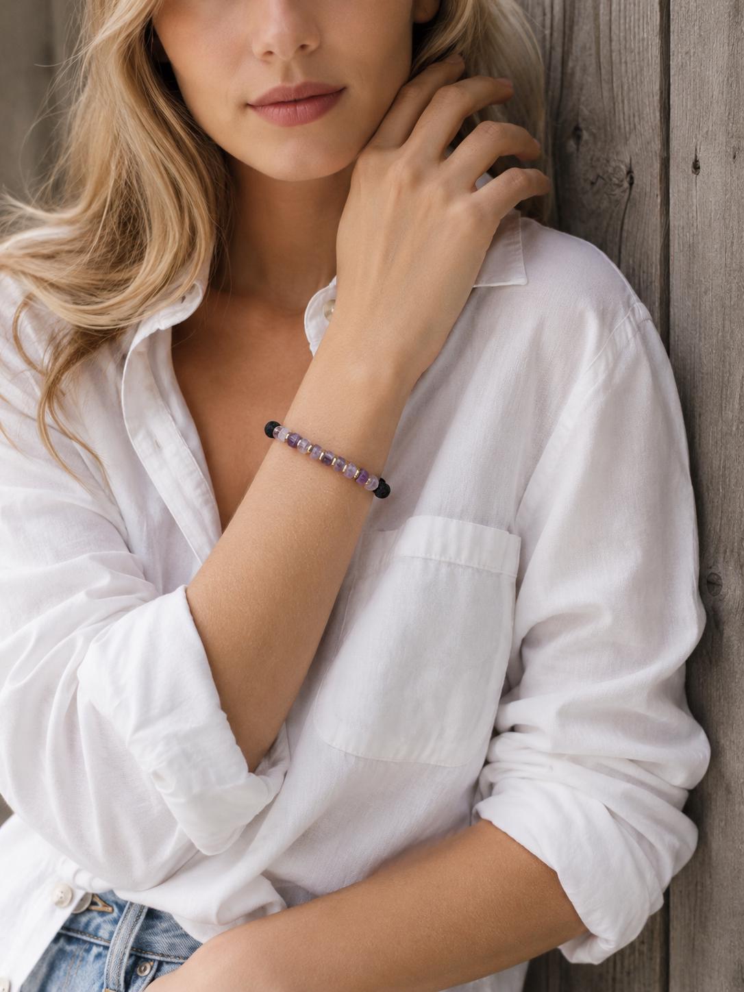 Lava Stone Beaded Bracelet for Men OR Women – Lavender Amethyst, Lava Stone , 14k gold plated space   -Adjustable