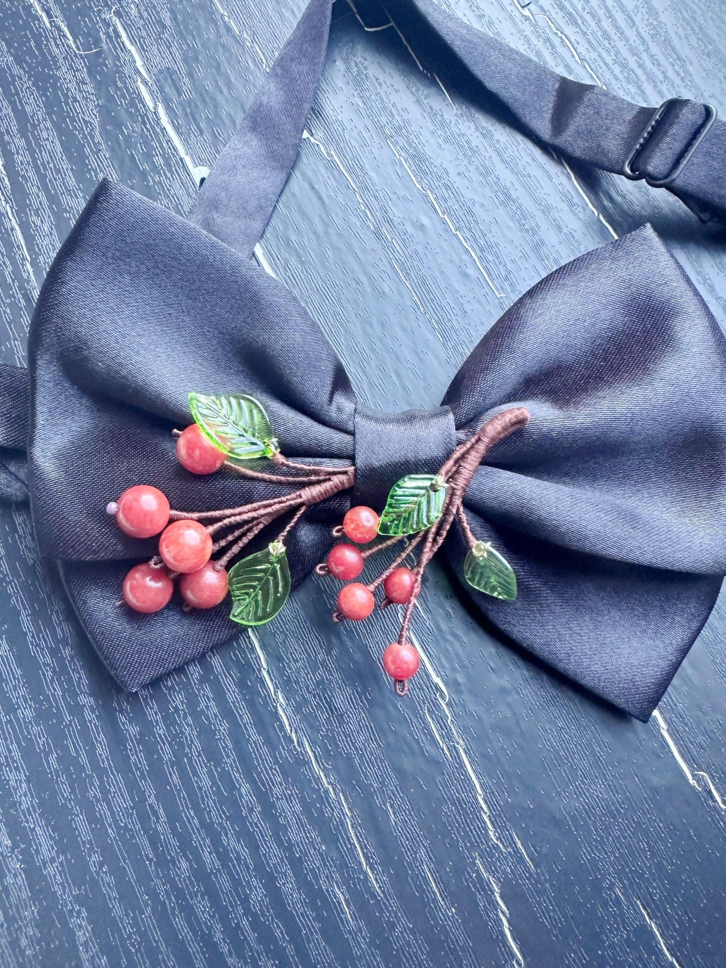 Handmade Bow Tie for women Men,Boys – Black Satin Bow Tie with Red Coral beads made Cherry Blossom Branch – Asian Inspired Formal Accessory