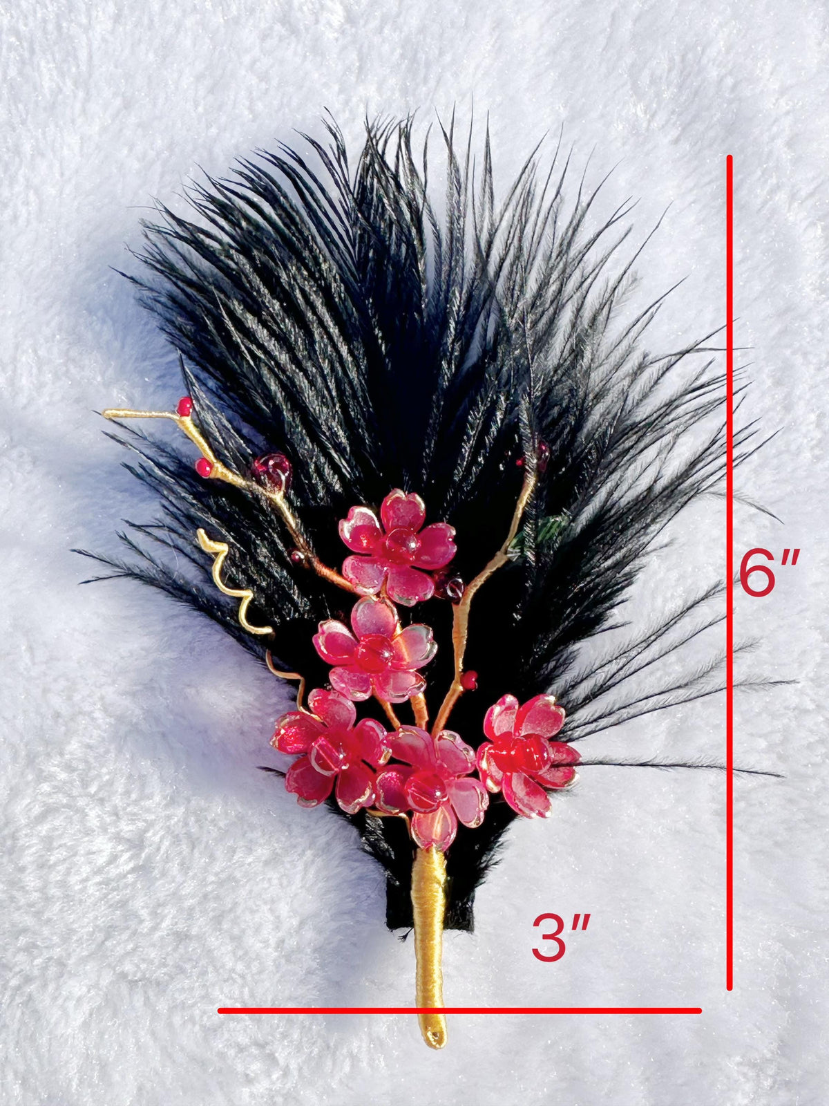 Handmade  brooch, red color cherry blossom flowers and Ostrich feather brooch, size 6”x3”