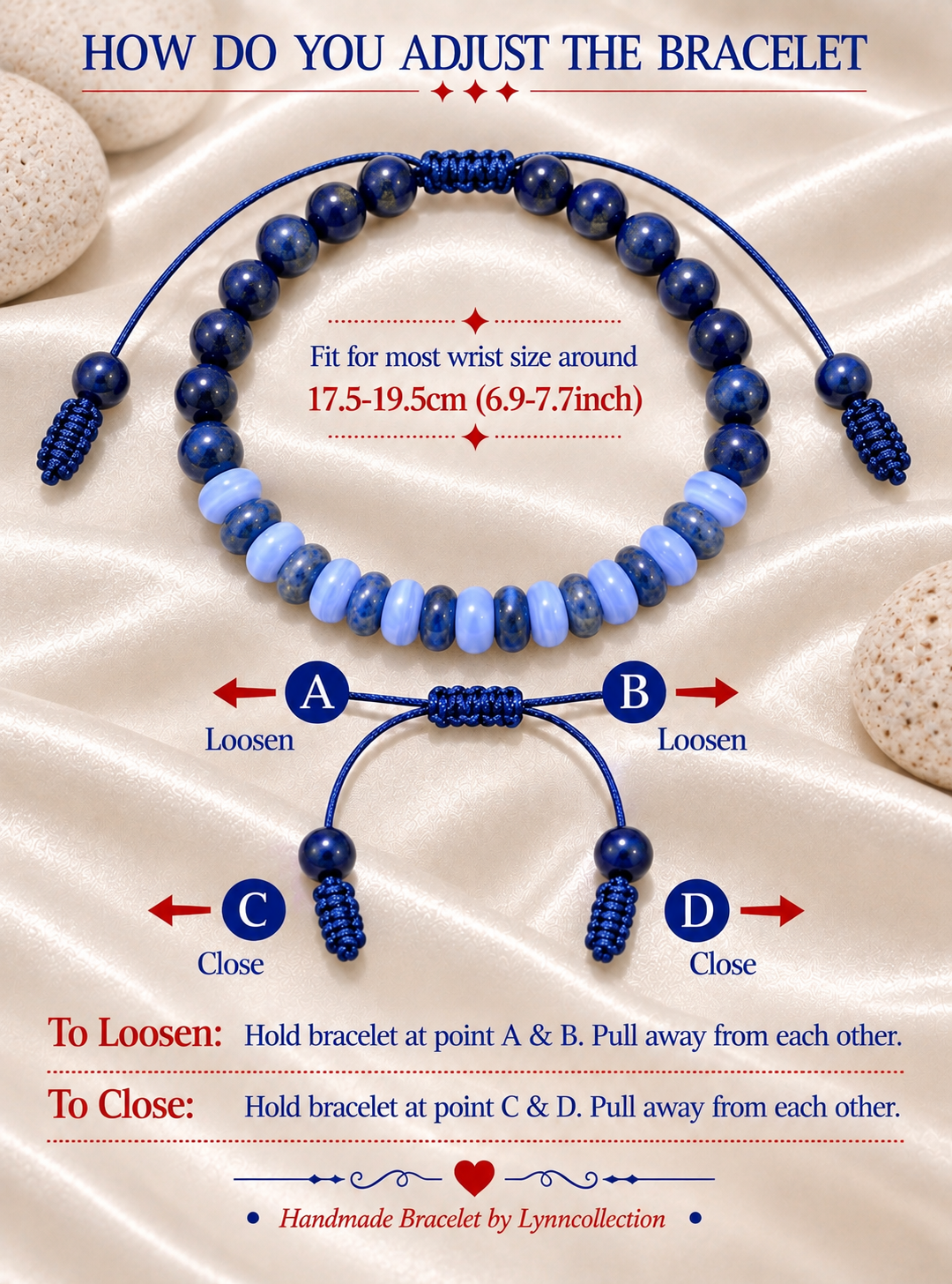 Handmade Bracelet for HIM OR HER. Made with lapis lazuli, blue lace agate, Adjustable knotted Cord