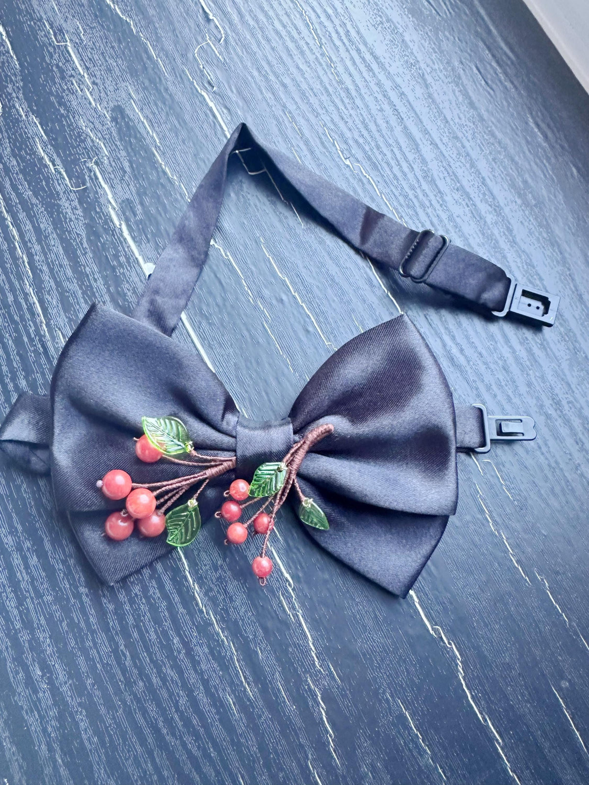 Handmade Bow Tie for women Men,Boys – Black Satin Bow Tie with Red Coral beads made Cherry Blossom Branch – Asian Inspired Formal Accessory