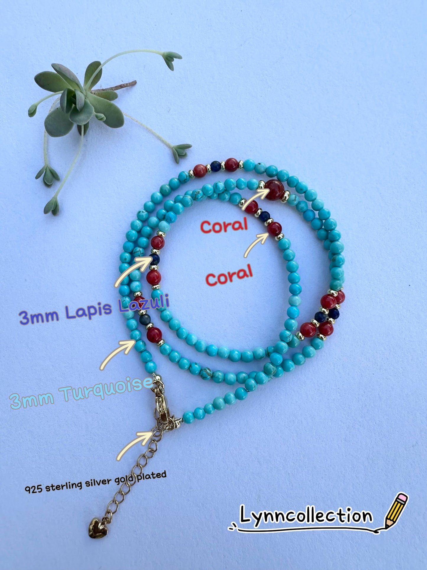 925 Sterling Silver gold plated with main stone 3mm Turquoisen Coral , 3mm Lapis Lazuli, made three row bracelet and 18inch length necklace ( two in one)