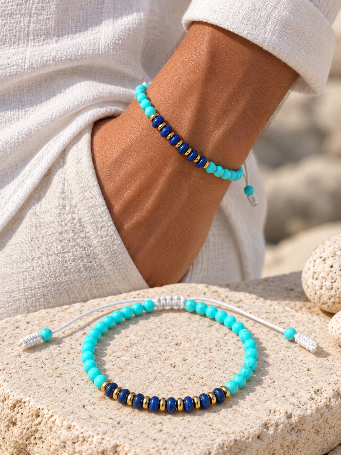 Handmade Bracelet for HIM OR HER. Made with 3mm turquoise. 14K Gold Plated Spacer Beads, 2x3mm lapis lazuli, Adjustable knotted Cord