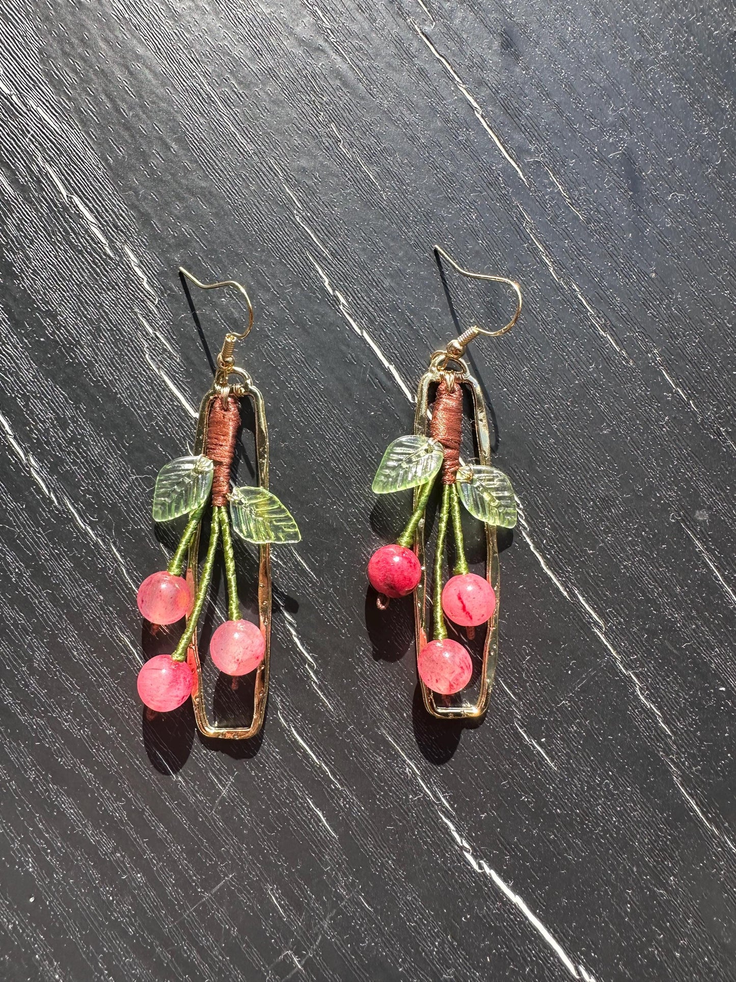 Handmade earings Gold Plated, with gemstone made cherry, size: 2 1/4” Length X 3/4” wide