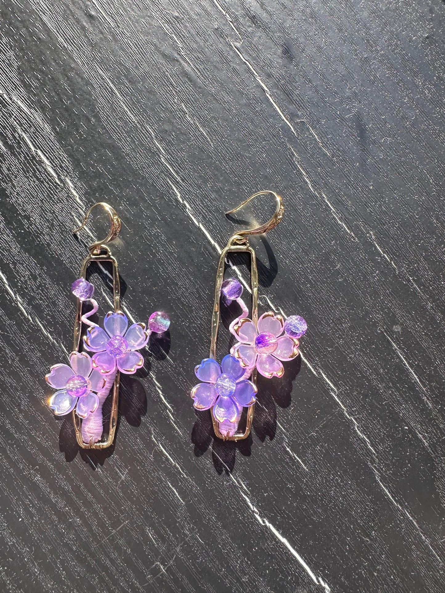 Gold Plated, purple cherry blossom, size: 2 1/4” Length X 3/4” wide