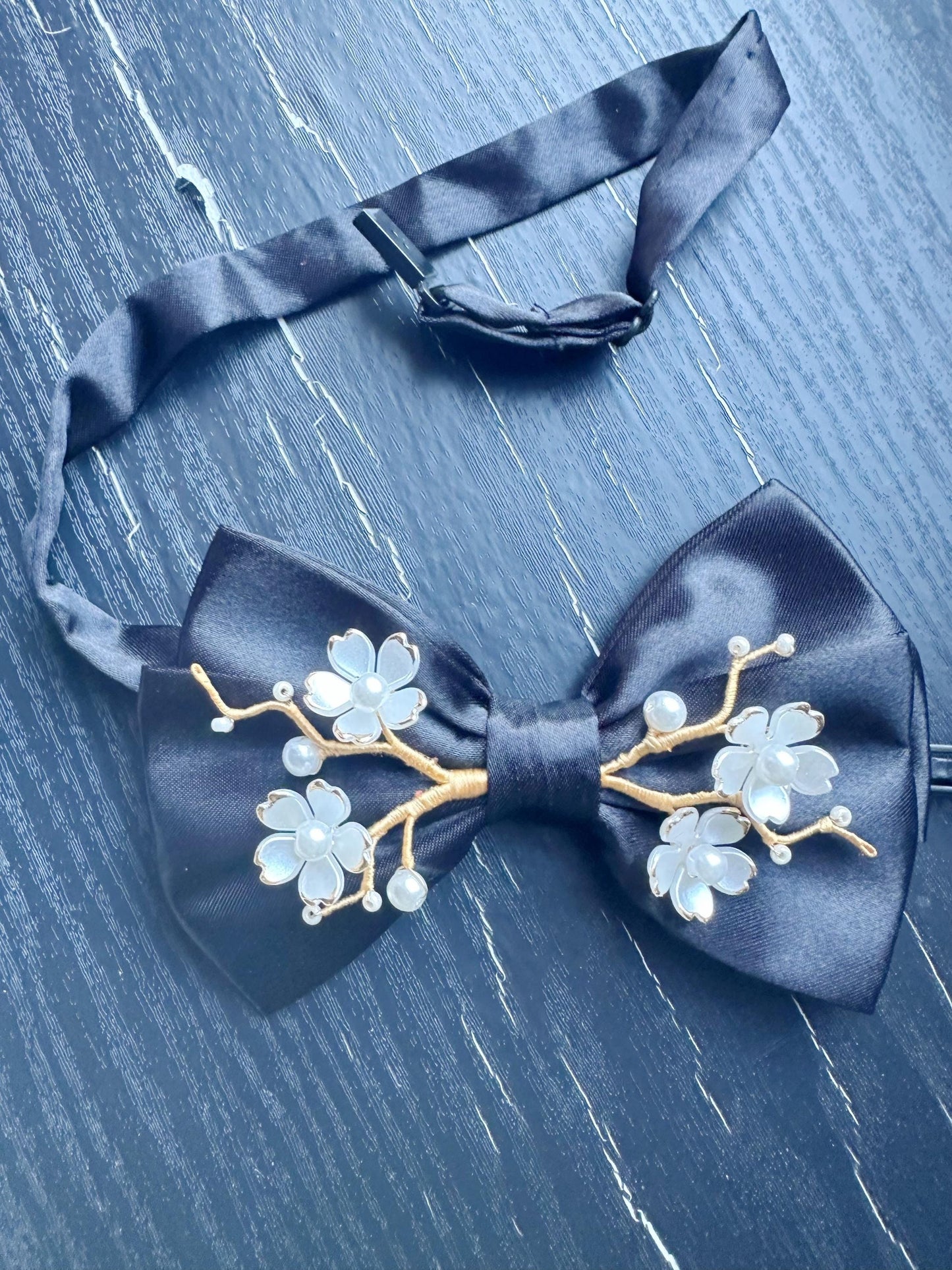 Handmade Bow Tie for women Men,Boys – Black Satin Bow Tie with white Cherry Blossom Branch – Asian Inspired Wedding Formal Accessory