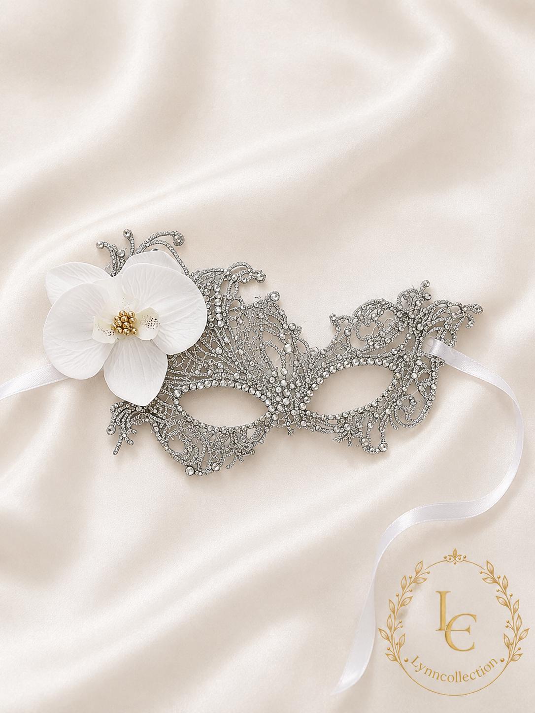 Lace Rhinestone Masquerade Mask, Gold Orchid Flower