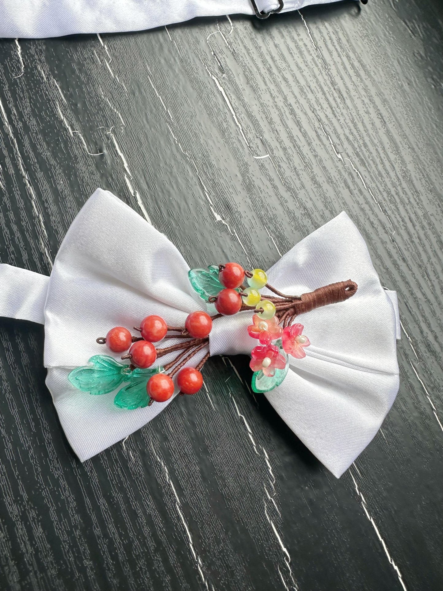 Handmade Bow Tie for women Men,Boys – White Satin Bow Tie with Red Coral beads made Cherry Branch – Asian Inspired Wedding Formal Accessory