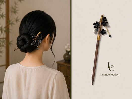 Vintage Hair Stick, black color flower Hairpin, Ancient Style Costume Handmade Wooden Hair Accessory