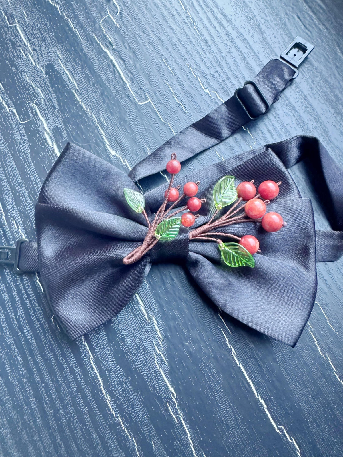 Handmade Bow Tie for women Men,Boys – Black Satin Bow Tie with Red Coral beads made Cherry Blossom Branch – Asian Inspired Formal Accessory