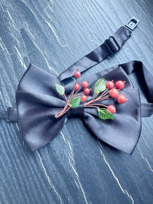 Handmade Bow Tie for women Men,Boys – Black Satin Bow Tie with Red Coral beads made Cherry Blossom Branch – Asian Inspired Formal Accessory