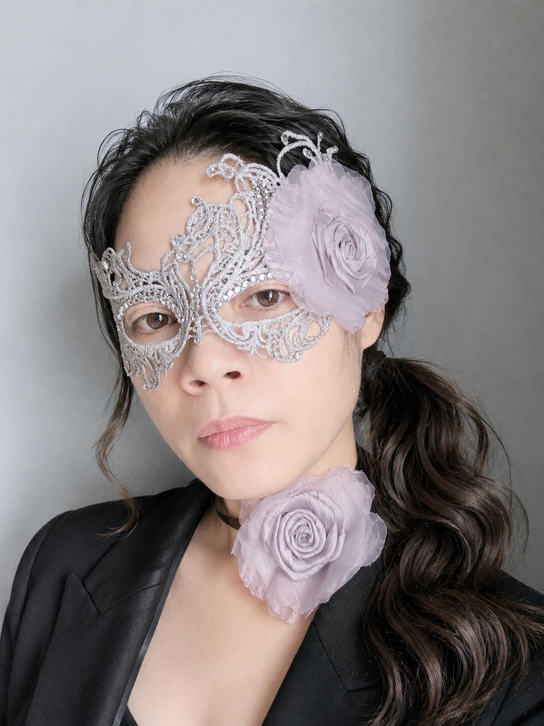 Gray color Masquerade Mask with light purple color fabric flower, and silk flower choker, Halloween mask ( price includes mask and choker