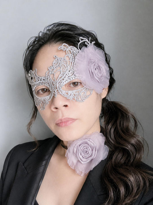 Gray color Masquerade Mask with light purple color fabric flower, and silk flower choker, Halloween mask ( price includes mask and choker