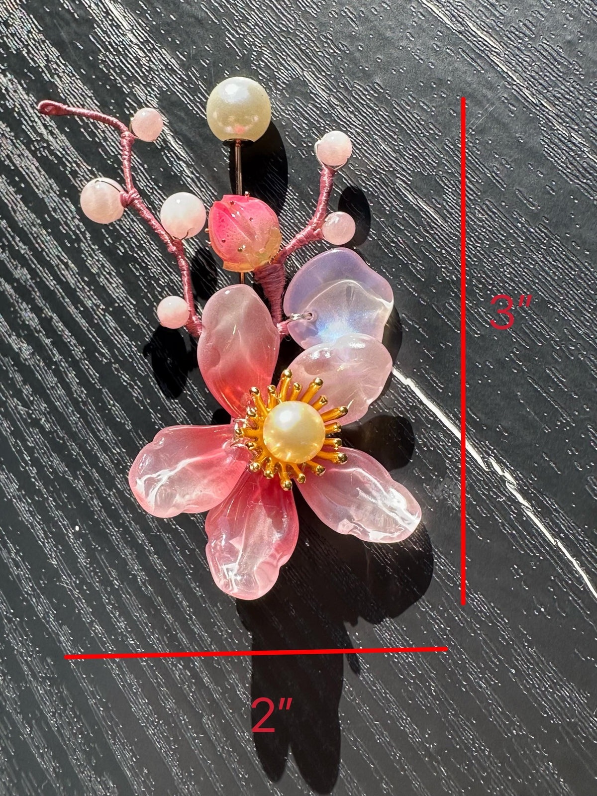Handmade  brooch, pink color acrylic beads and gemstone beads with silk thread