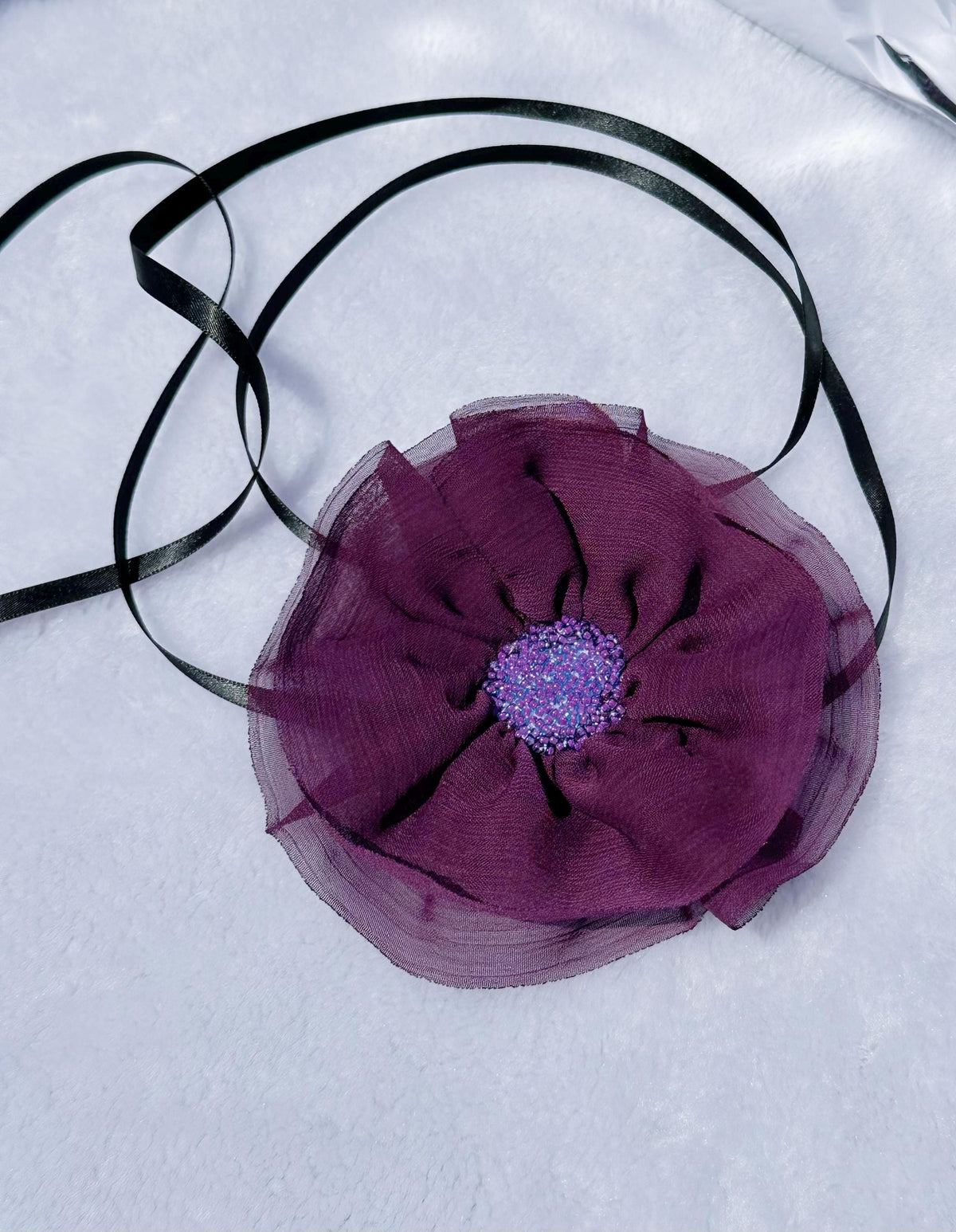Handmade Peach Ribbon Flower Choker: Black Velvet Vintage Necklace