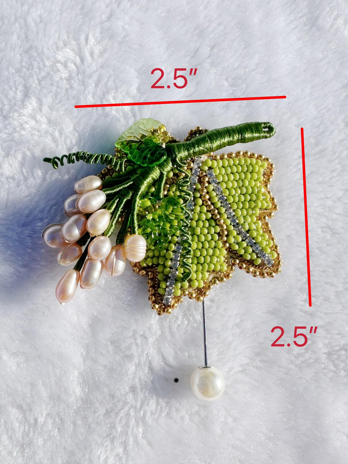 Handmade brooch, beaded with freshwater pearls brooch, size 2.5”x 2.5”