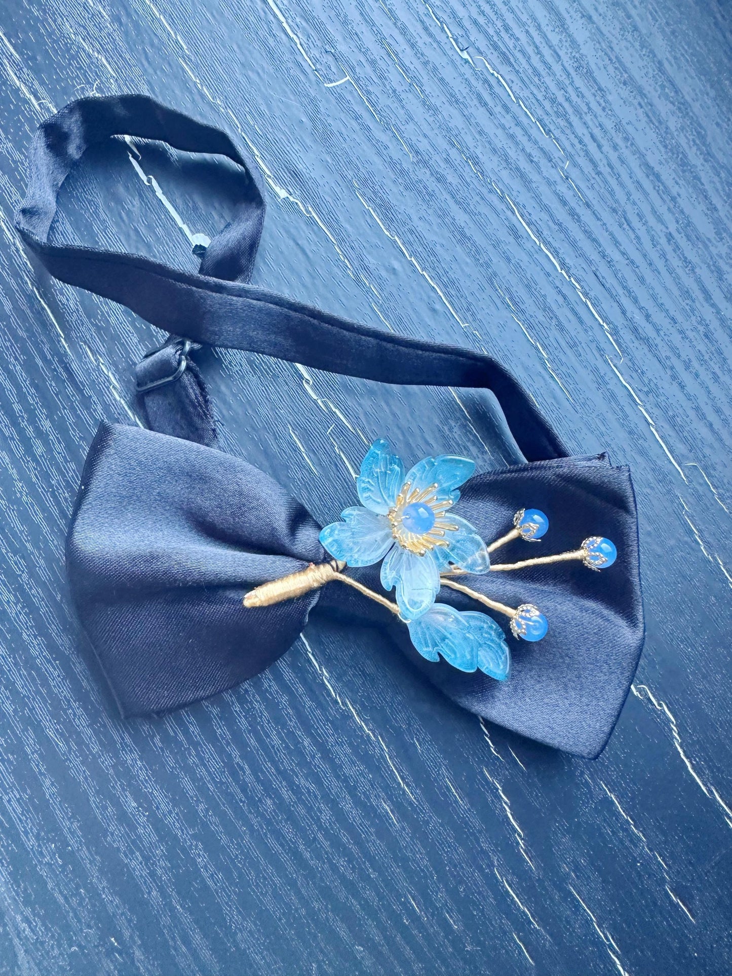 Handmade Bow Tie for women Men,Boys – Black Satin Bow Tie with blue flowers Blossom Branch – Asian Inspired Wedding Formal Accessory