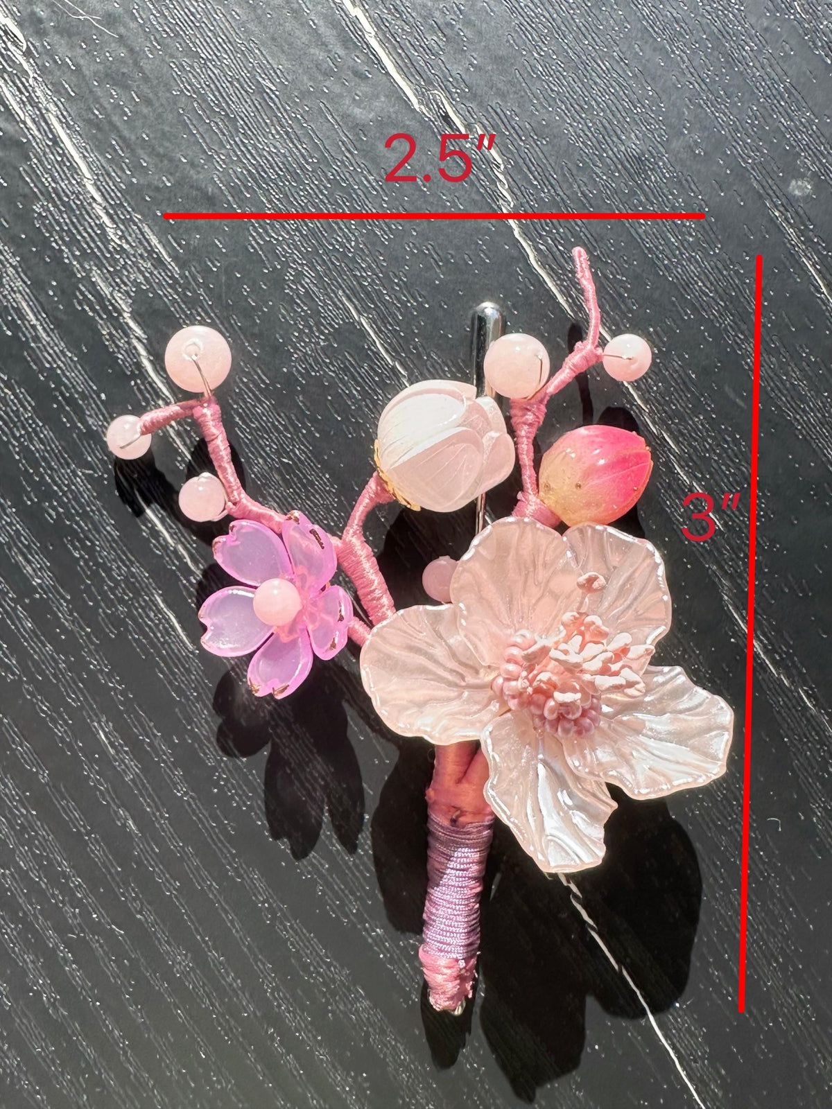 Handmade  brooch, pink color acrylic beads and gemstone beads with silk thread