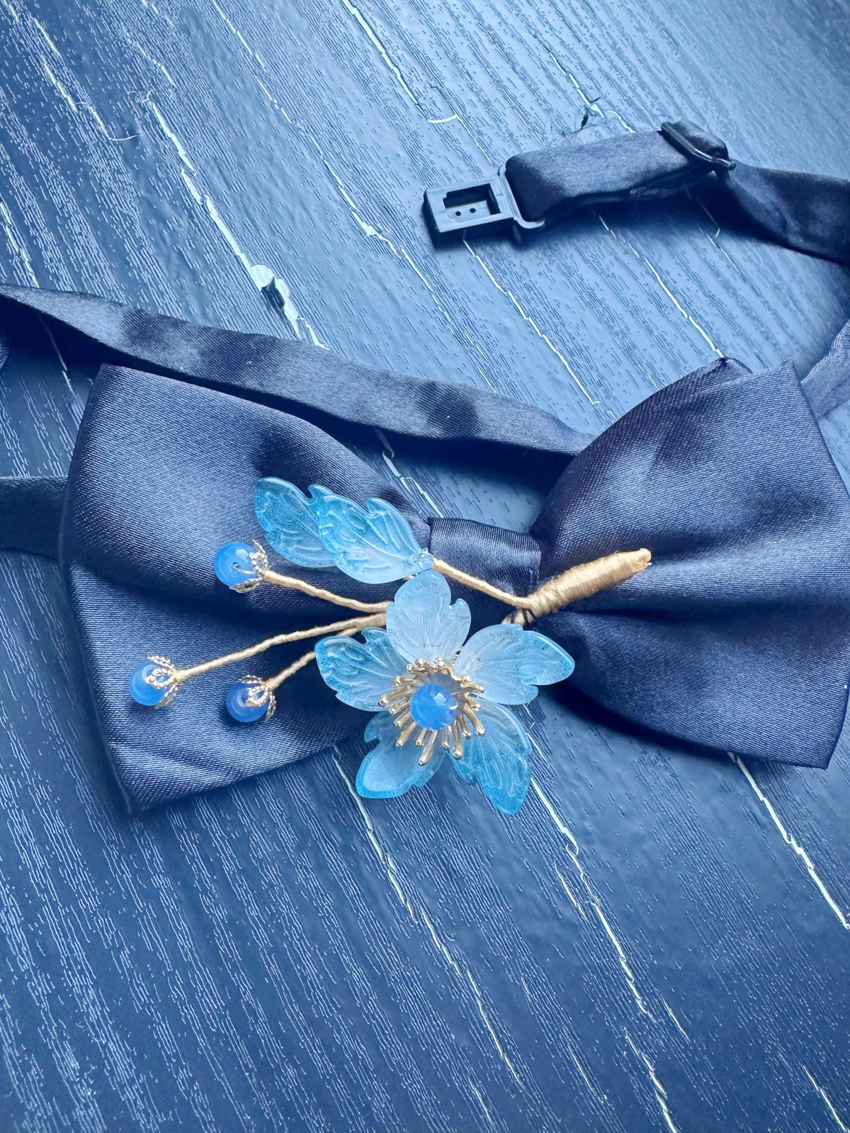 Handmade Bow Tie for women Men,Boys – Black Satin Bow Tie with blue flowers Blossom Branch – Asian Inspired Wedding Formal Accessory
